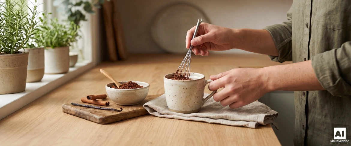 Préparer du cacao nature dans une tasse à l'aide d'un fouet.
