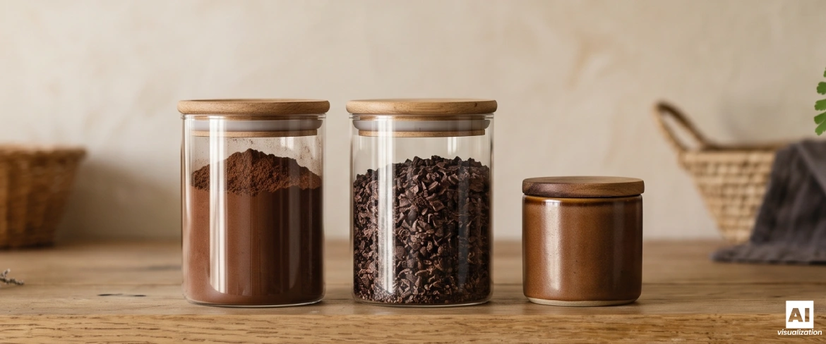 Poudre de cacao, fèves concassées et pâte de cacao dans des récipients hermétiques.