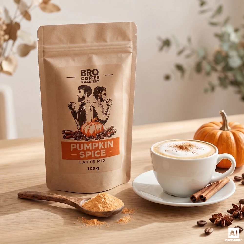 Mélange pour latte à la citrouille épicée de Bro Coffee Roastery, une cuillère en bois contenant de la poudre de citrouille et une tasse de latte saupoudrée de cannelle.