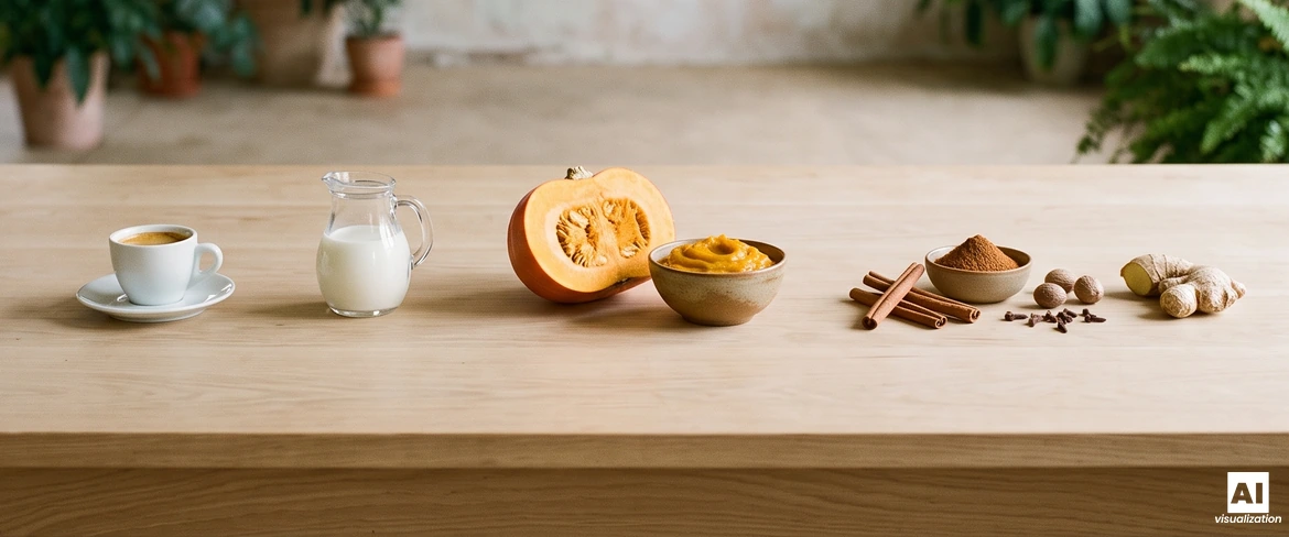 Ingrédients pour un café à la citrouille sur une table en bois : expresso, lait, citrouille, purée de citrouille, cannelle, noix de muscade, clous de girofle et gingembre.