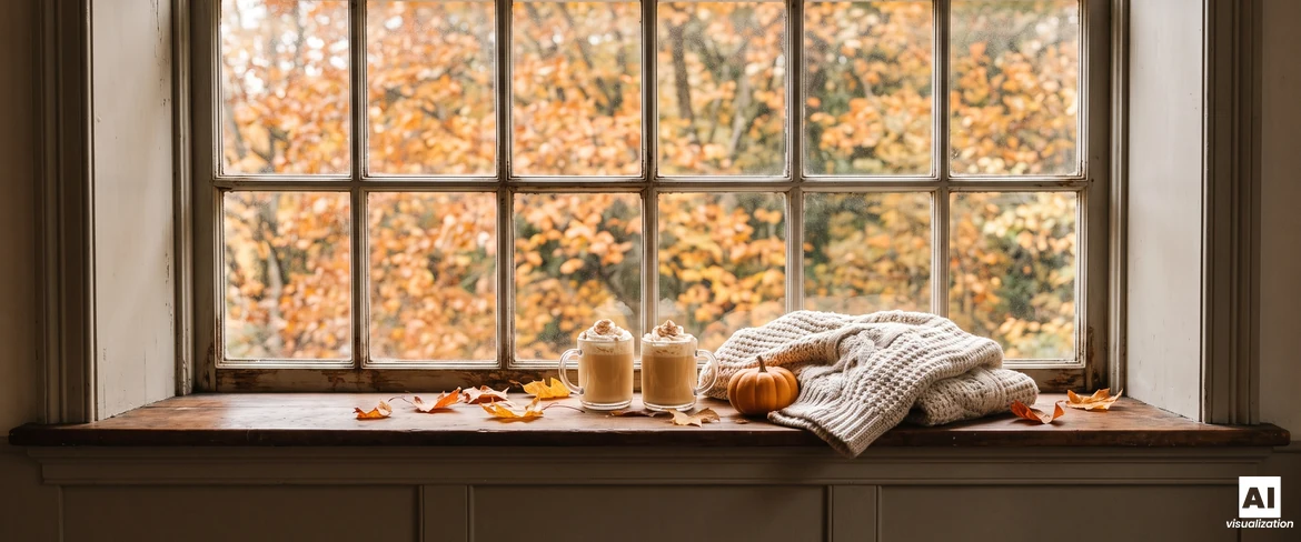 Deux tasses de café à la citrouille garnies de crème fouettée posées sur le rebord d'une fenêtre, à côté d'une petite citrouille et d'un pull en laine, avec des arbres aux couleurs d'automne à l'extérieur.