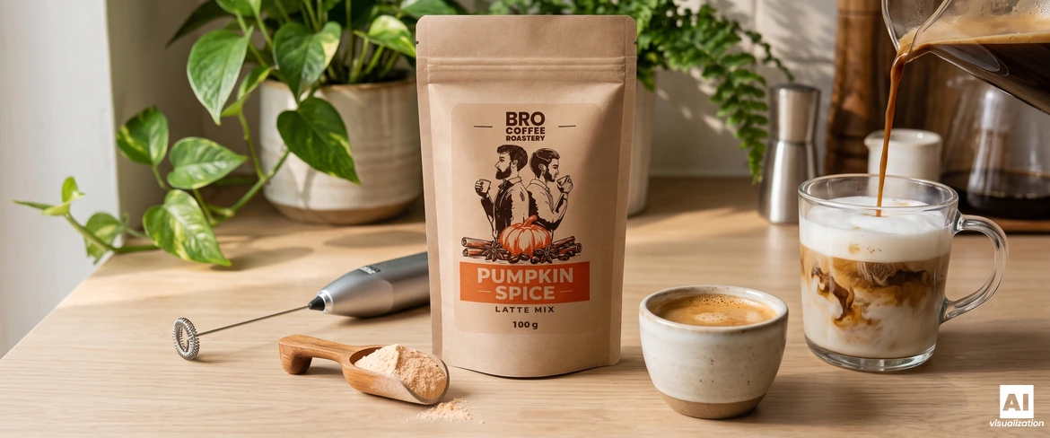 Mélange pour latte à la citrouille épicée de Bro Coffee Roastery, un mousseur à lait et un expresso versé dans un verre recouvert de mousse de lait.