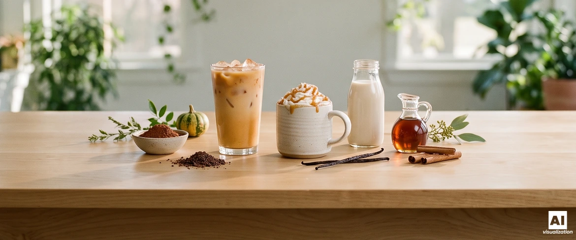 Un café glacé à la citrouille avec des glaçons et un latte chaud à la citrouille au caramel, accompagnés d'une boisson végétale, de sirop d'érable, de cacao et de vanille.