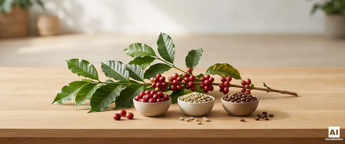Une branche de caféier et de petits bols contenant des cerises de café, du café vert et des grains torréfiés, posés sur une table en bois.