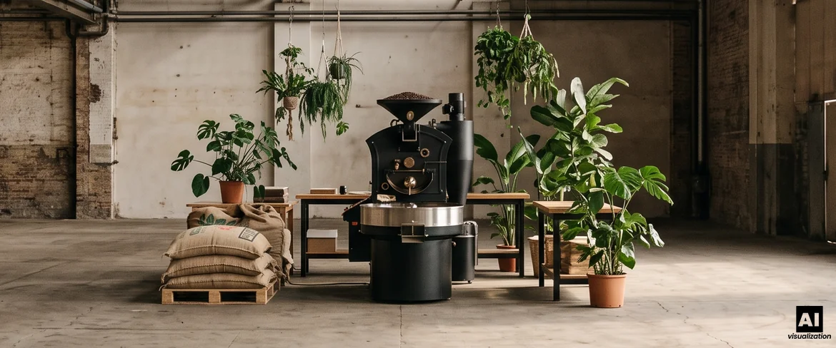 Une machine à torréfier le café équipée d'un plateau de refroidissement, des sacs de café vert et des plantes dans une torréfaction artisanale.