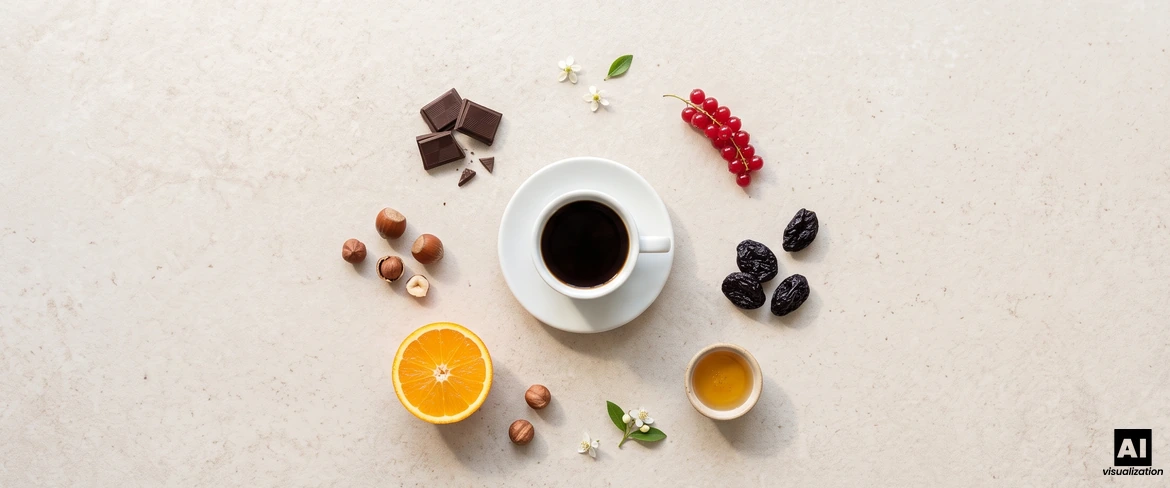Une tasse de café noir accompagnée de chocolat, de fruits à coque, d'oranges, de raisins de Corinthe et de miel, qui en soulignent les notes aromatiques.