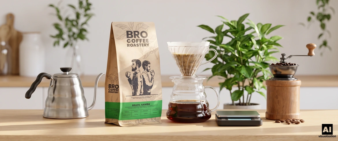 Café « Samba » de Bro Coffee Roastery (Brésil) à côté d'un filtre à café, d'une bouilloire, d'une balance et d'un moulin à café manuel.