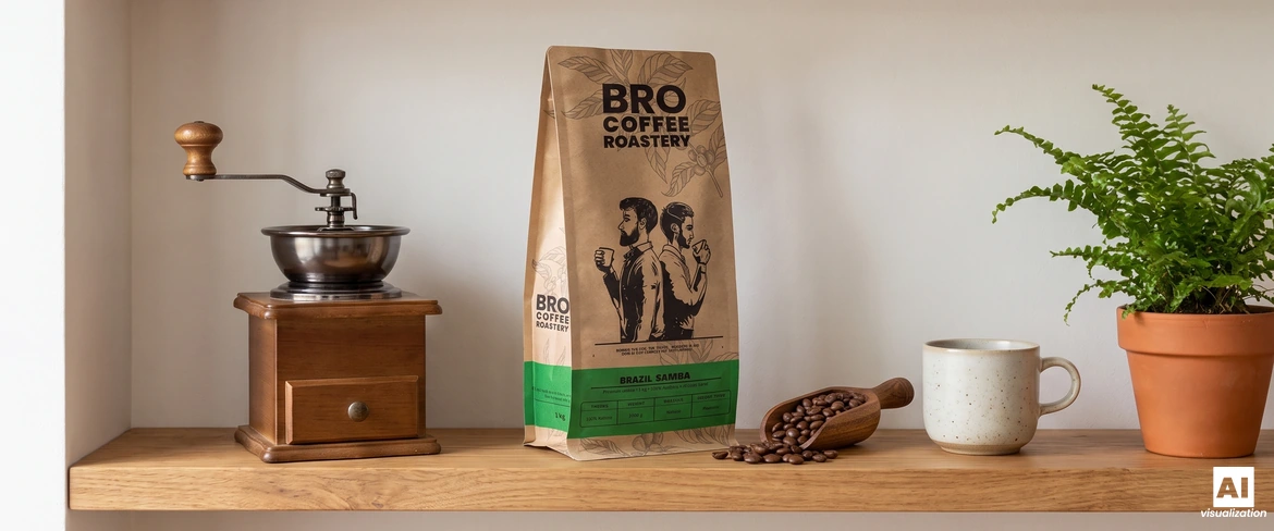 Un sachet scellé de café « Brazil Samba » de Bro Coffee Roastery posé sur une étagère, à côté d'un moulin à café manuel et d'une tasse.