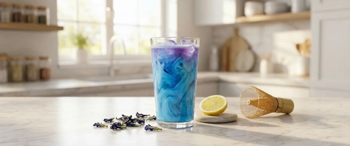 Qu'est-ce que le matcha bleu et à quoi ressemble-t-il ? Matcha bleu à base de clitoria ternatea, servi avec du citron