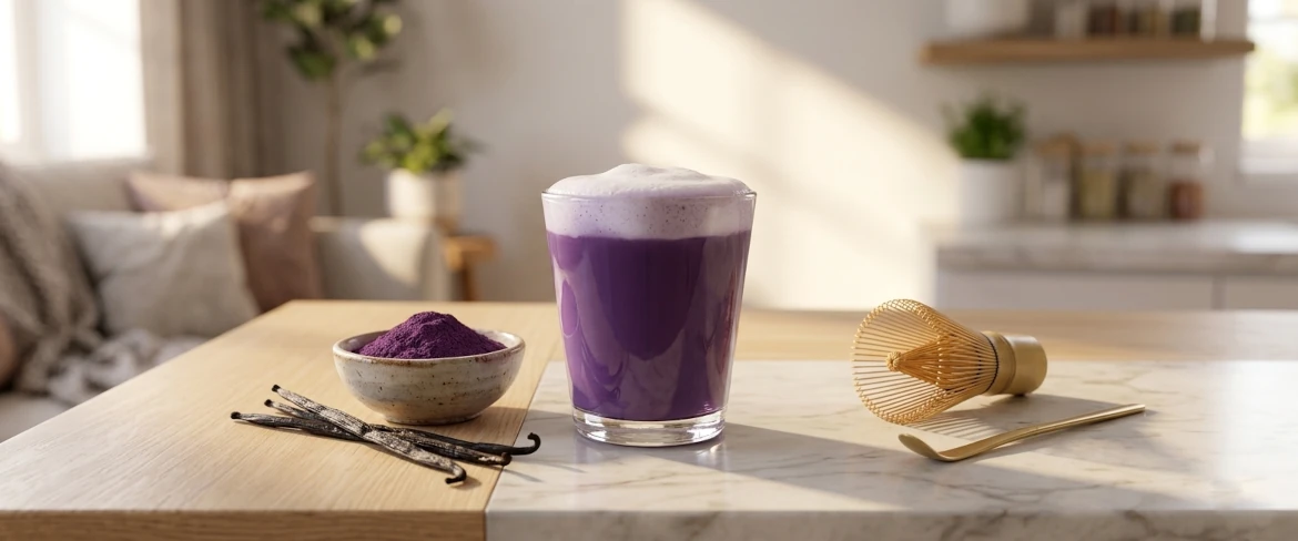 Qu'est-ce que l'ube ? Un matcha violet préparé dans un verre avec du lait