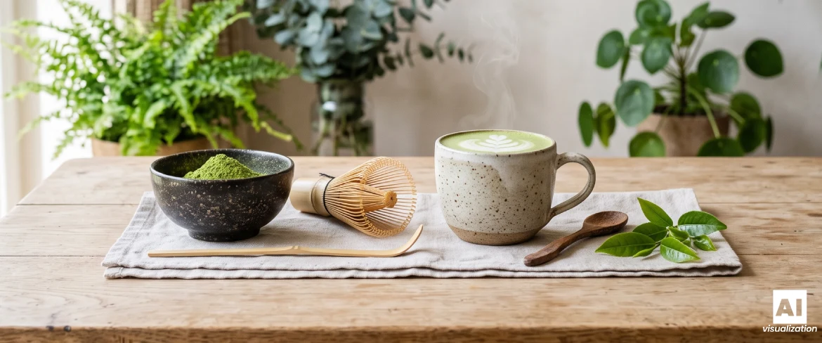 Un matcha latte au lait dans une tasse en céramique, accompagné d’un bol de matcha en poudre et d’un fouet en bambou.
