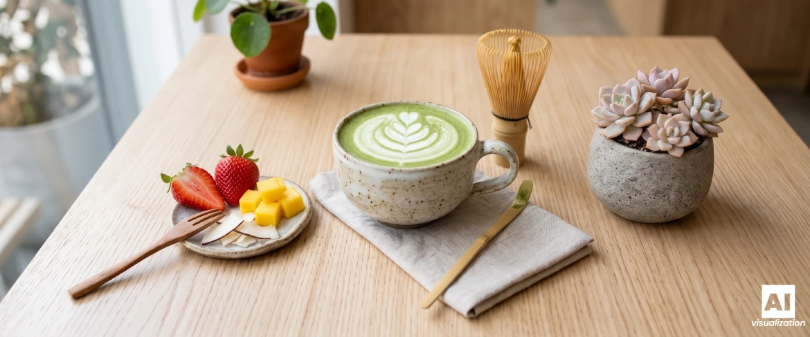 Un matcha latte au lait, un fouet en bambou, ainsi que des fraises, de la mangue et de la noix de coco posés sur une table.