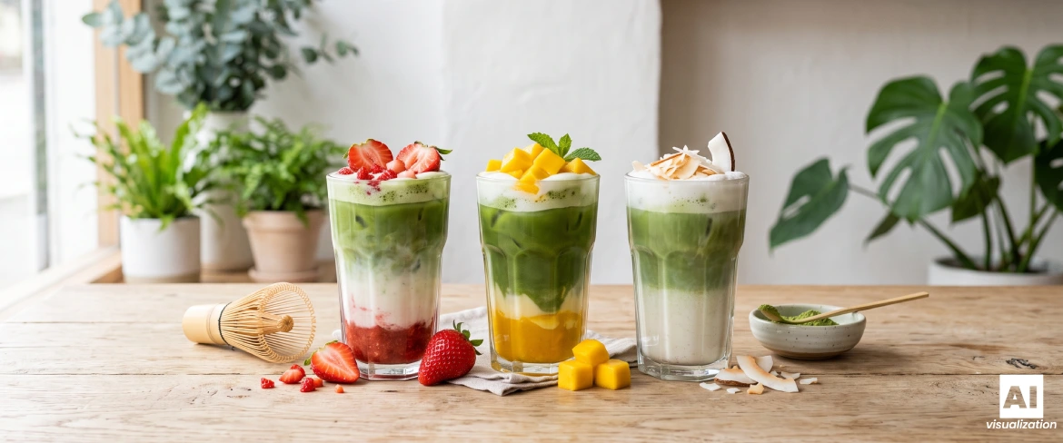 Des matchas latte colorés et composés de plusieurs couches, agrémentés de fraises, de mangue et de noix de coco, servis dans des verres.