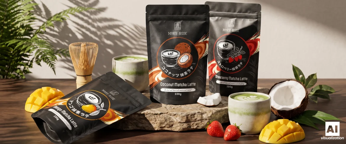 Les produits « Mary Rose Matcha Latte » sont disponibles en trois saveurs et sont accompagnés d'une boisson, d'un fruit et d'un fouet en bambou.