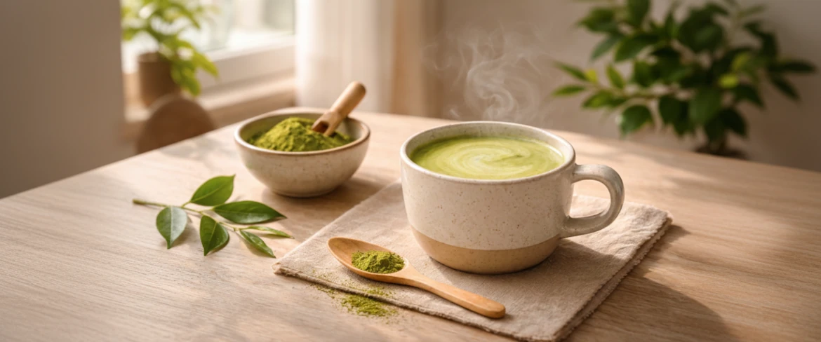 Matcha latte – qu'est-ce que c'est ? Thé vert matcha avec du lait servi dans une tasse