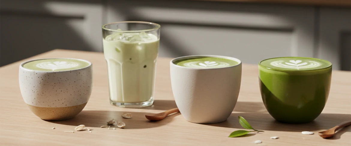 Matcha latte avec différents types de lait : avoine, noix de coco et amande
