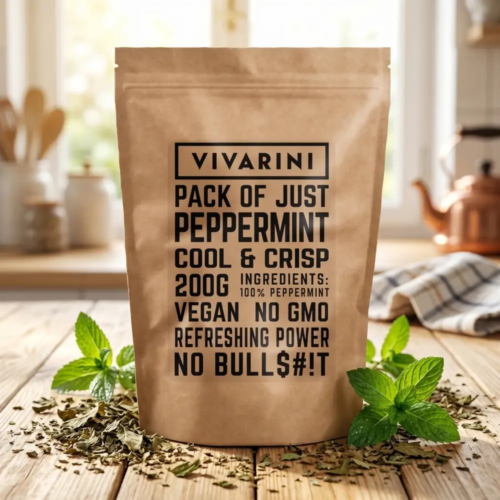 Menthe poivrée séchée de la marque Vivarini, présentée dans un emballage en papier écologique parsemé de feuilles broyées