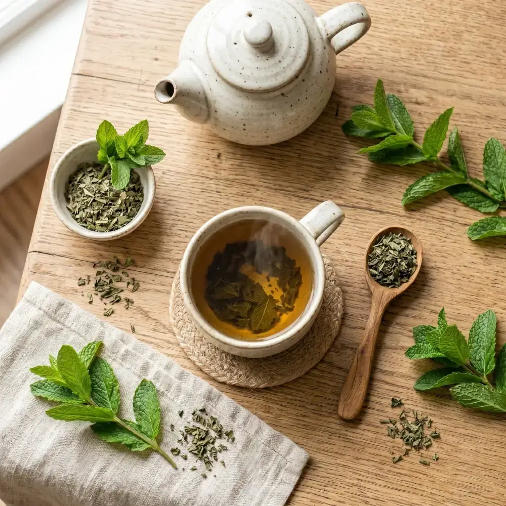Vue de dessus d'un thé à la menthe et d'herbes séchées disposés sur une cuillère en bois