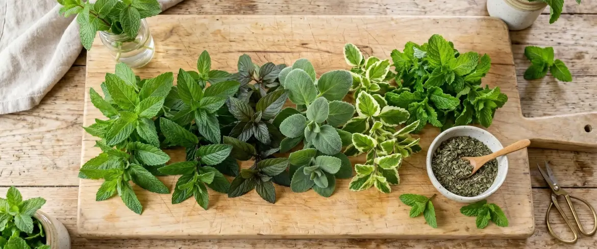 Une planche à découper de cuisine ornée de différentes variétés de menthe