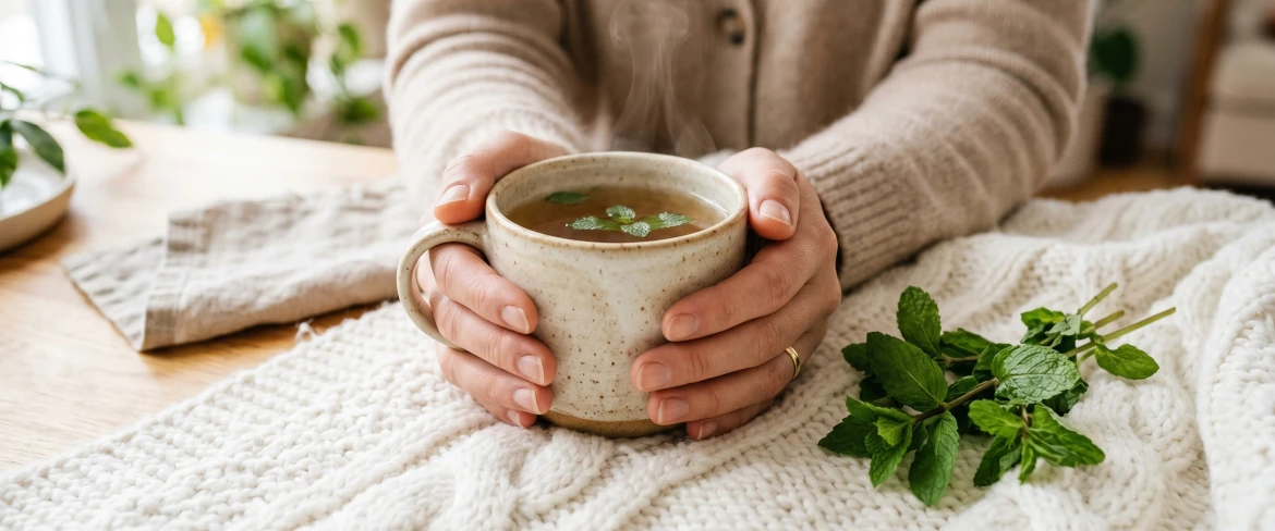Une personne se réchauffant les mains avec une infusion de menthe bien chaude, illustrant à merveille les effets apaisants du thé à la menthe