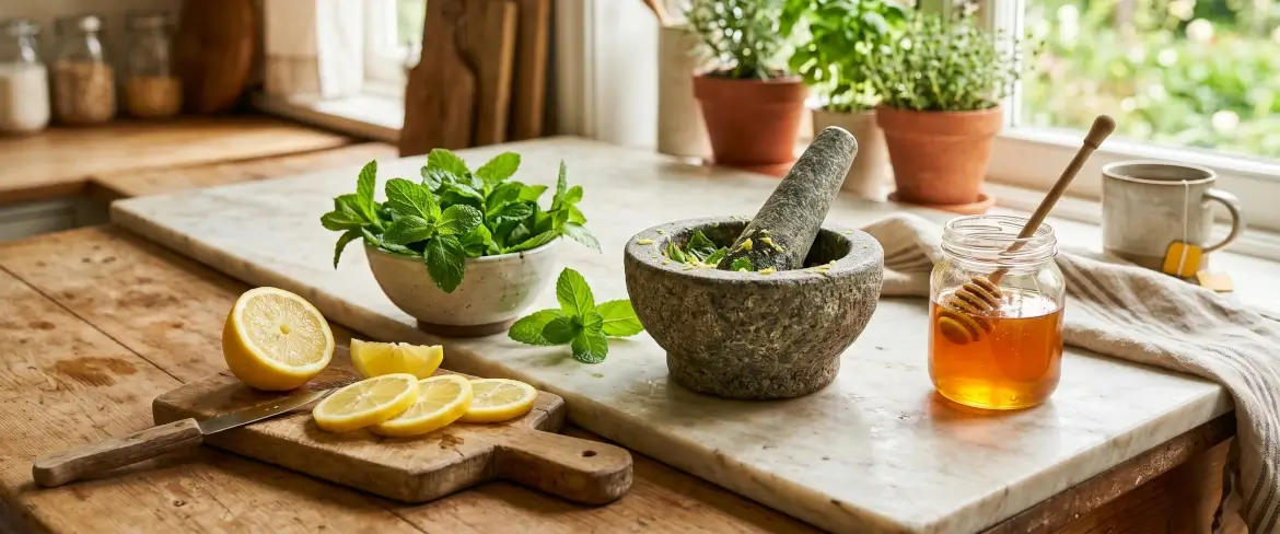 De la menthe fraîche, des citrons et du miel dans une cuisine, illustrant les bienfaits de la menthe en cas d'infection