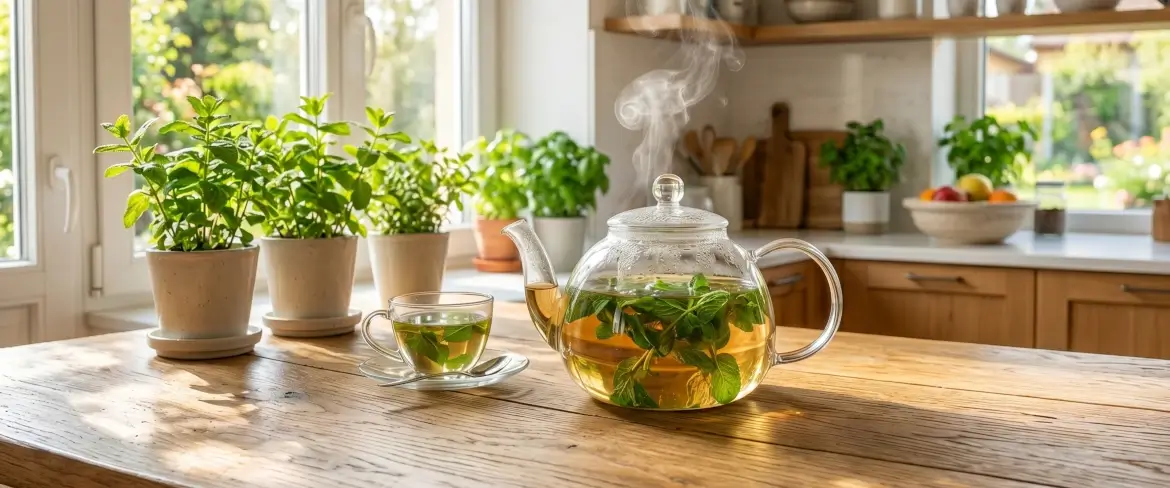 De la menthe verte fraîche en train d'infuser dans une théière en verre