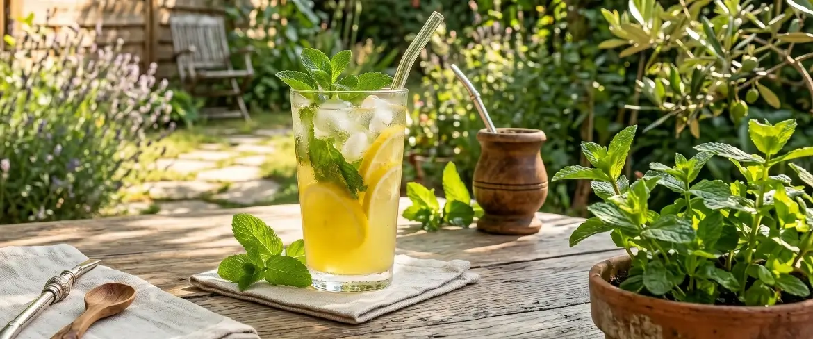Une limonade fraîche et rafraîchissante avec des glaçons, à côté d'une calebasse traditionnelle de yerba mate – que faire avec la menthe en été ?