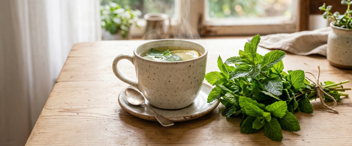 Une tasse légère contenant une infusion de menthe chaude et une rondelle de citron