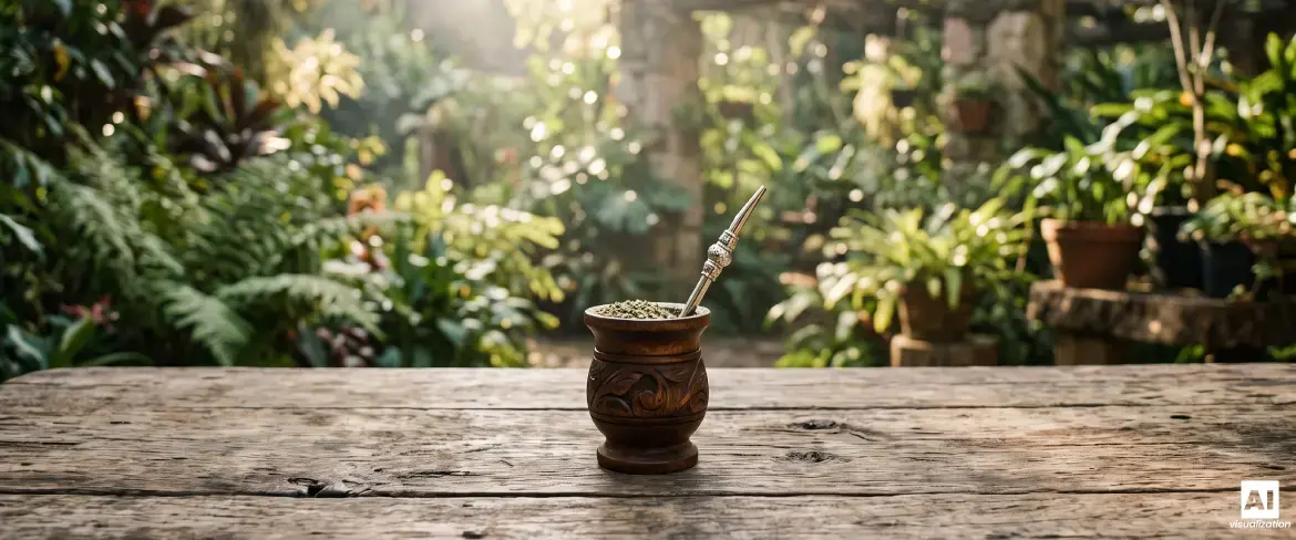 Une calebasse en bois contenant de la yerba maté bien forte et une bombilla, sur fond de feuillage vert.