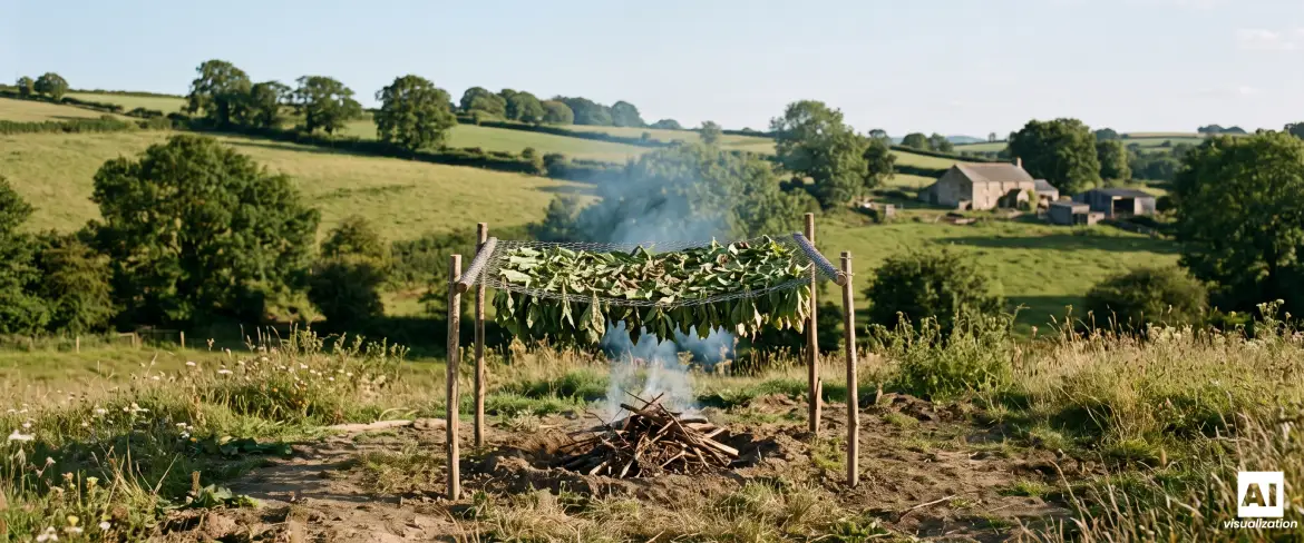 Séchage des feuilles de yerba mate au-dessus d'un feu selon la méthode du « barbacuá » à la campagne.