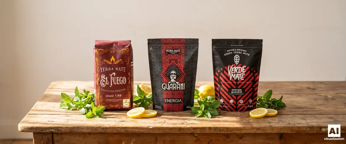 Trois variétés de yerba maté corsée, au guarana et aux feuilles séchées à la fumée, posées sur une table en bois.