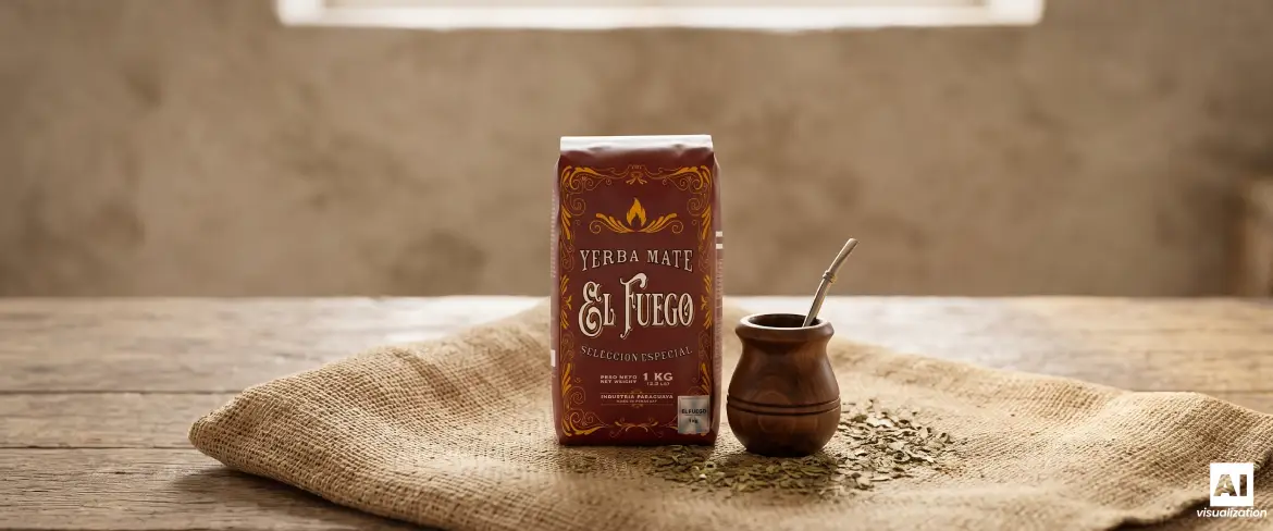 1 kg d'El Fuego Elaborada et une calebasse à maté accompagnée d'yerba maté, le tout emballé dans une toile de jute traditionnelle.