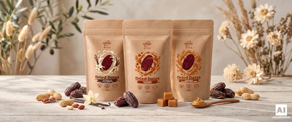 Trois sachets « Nustino Bites » contenant des dattes aromatisées, des fruits à coque et des dattes séchées.