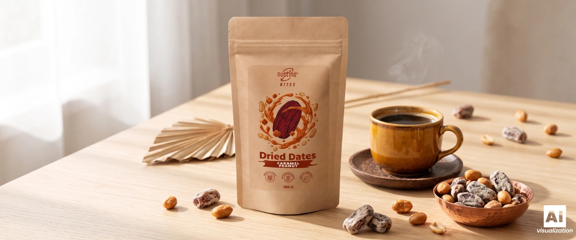 Un sachet « Nustino Bites Caramel Peanut » à côté d'une tasse de café et d'un en-cas aux noix.