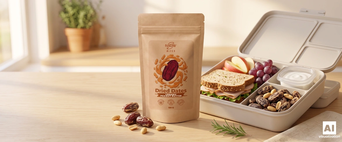 Un sachet « Nustino Bites » au beurre de cacahuète crémeux à côté d'une boîte à goûter, d'un sandwich, de raisins et de noix.