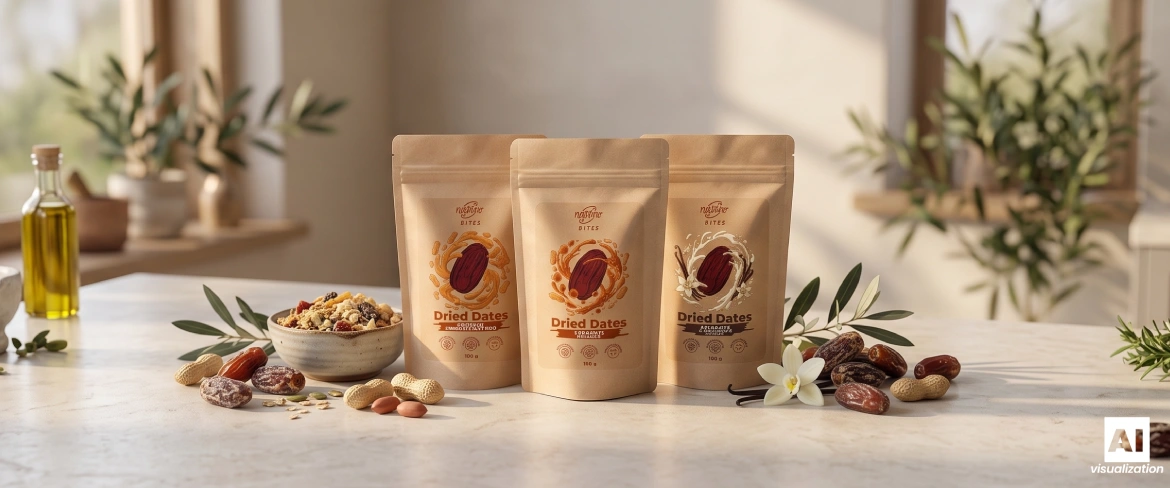 Trois sachets « Nustino Bites » parmi les dattes, les fruits à coque et les compléments à base végétale.