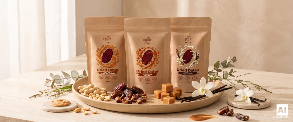 Trois variétés de Nustino Bites présentées sur un plateau, aux dattes, aux fruits à coque, au caramel et à la vanille.