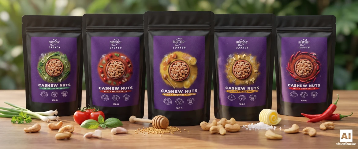 Cinq paquets de noix de cajou grillées Nustino Crunch aromatisées.