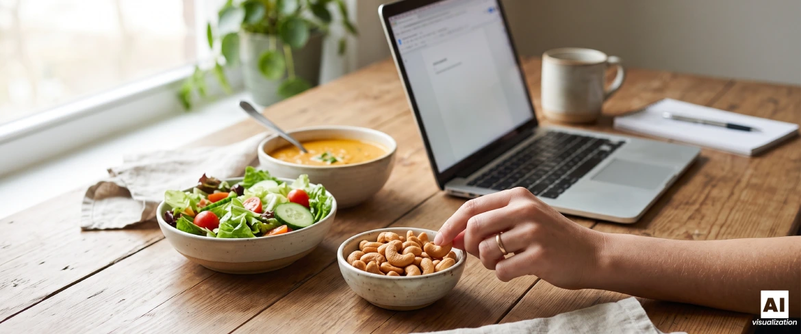 Des noix de cajou grillées dans un bol, à côté d'une salade, d'une soupe et d'un ordinateur portable.