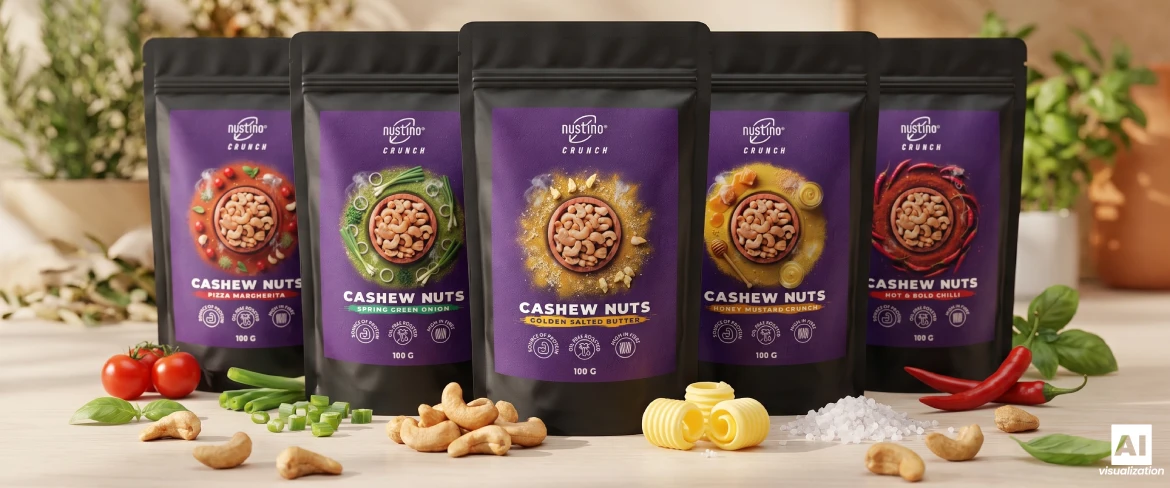 Cinq variétés de noix de cajou grillées Nustino Crunch.