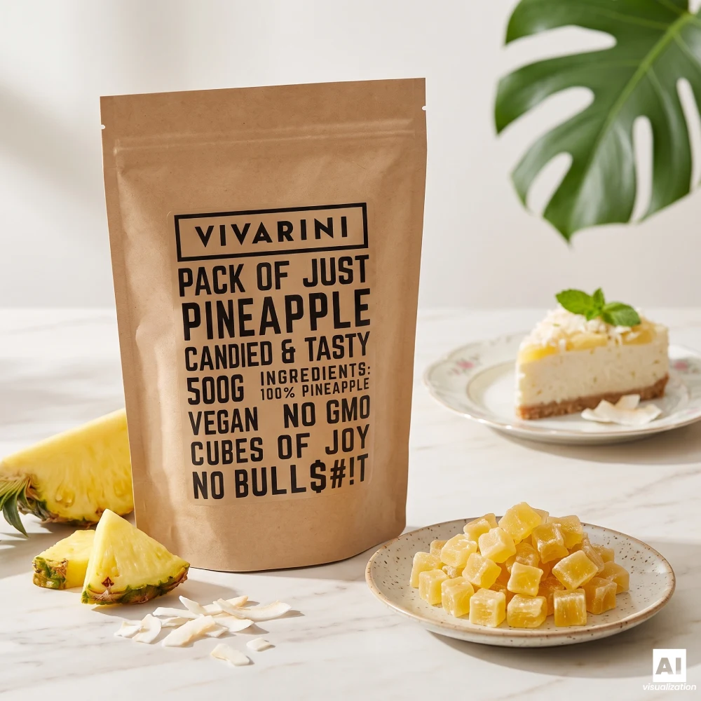 Un sachet « doypack » d'ananas confits Vivarini à côté d'un cheesecake à la noix de coco et de tranches d'ananas frais sur un plan de travail.