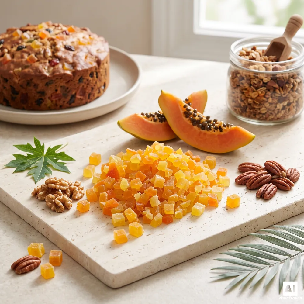 Des morceaux de papaye confite à côté d'un gâteau aux fruits, d'un bocal de granola maison, de noix et d'une papaye fraîche et mûre.