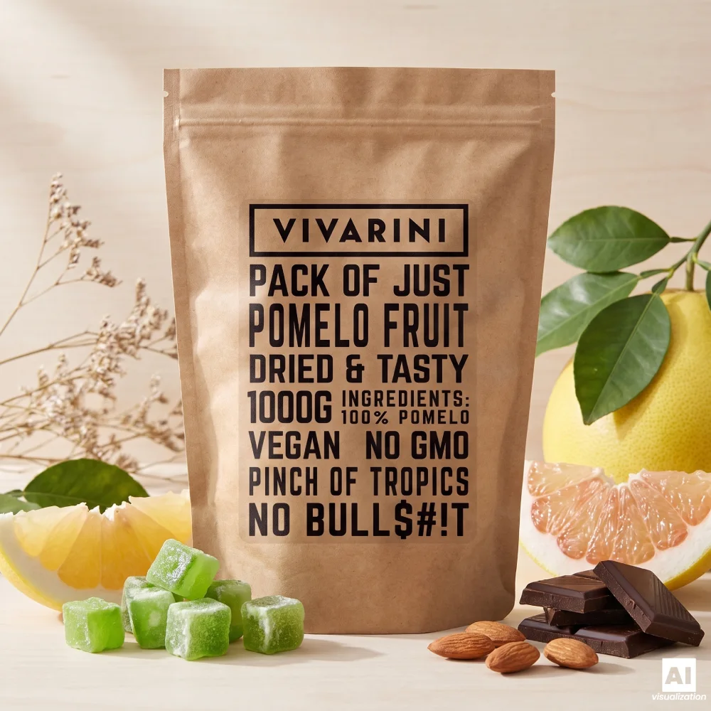 Un paquet de pomelos confits Vivarini, à côté d'agrumes frais, de chocolat noir et d'amandes.