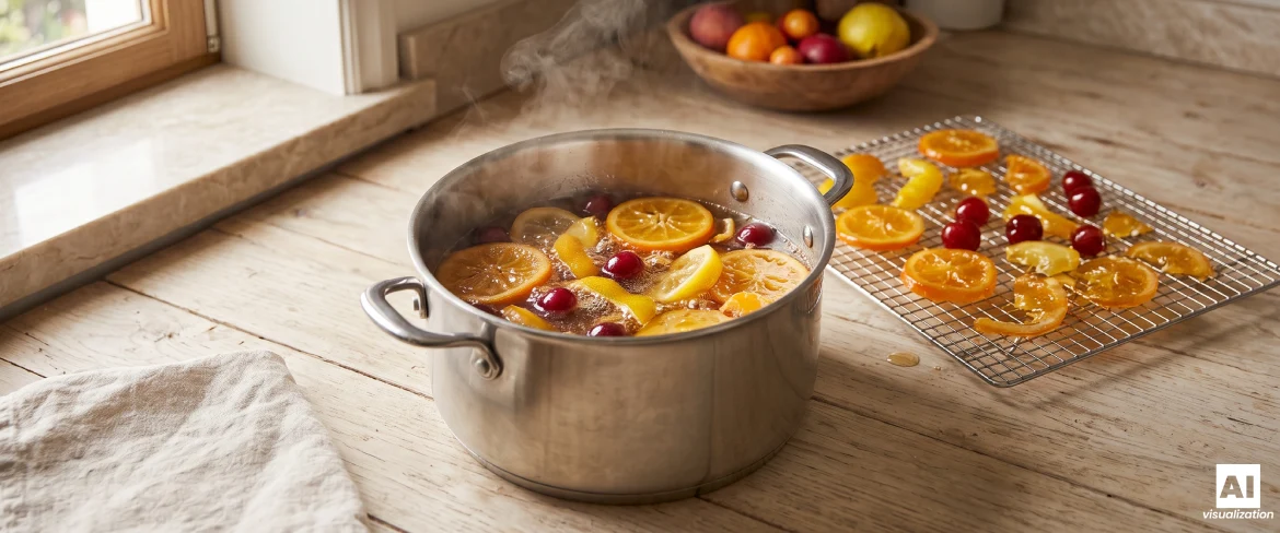 Des oranges et des canneberges cuites dans un sirop de sucre lors du confisage des fruits, avec des fruits en train de sécher sur une grille à côté.