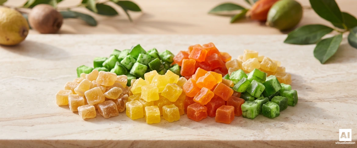Des cubes colorés de fruits confits – ananas, papaye et pomelo – disposés sur un plan de travail de cuisine en pierre claire.