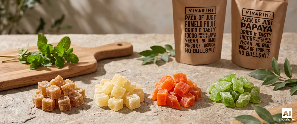 Des cubes de fruits confits à côté de sachets souples de pomelo confit et de papaye confite de la marque Vivarini, posés sur un plan de travail en pierre.