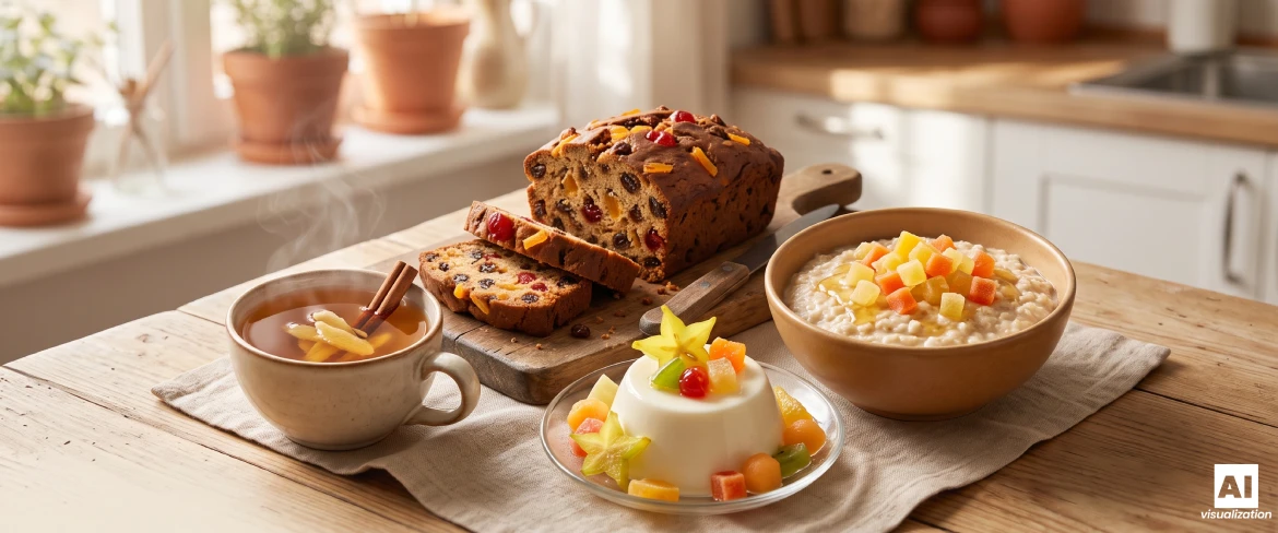Un gâteau aux fruits secs, un thé parfumé, une panna cotta et du porridge aux fruits confits, posés sur une table de cuisine en bois.