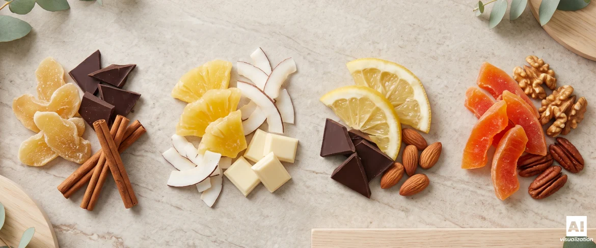 Idées d'associations gustatives : fruits confits, chocolat, fruits à coque, noix de coco et épices réconfortantes.