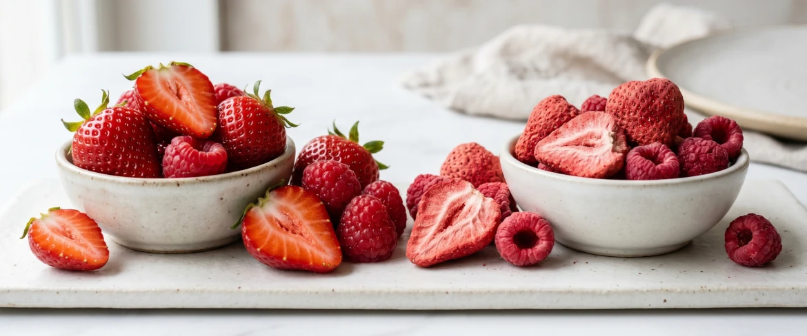 Fraises et framboises lyophilisées par rapport aux fruits frais