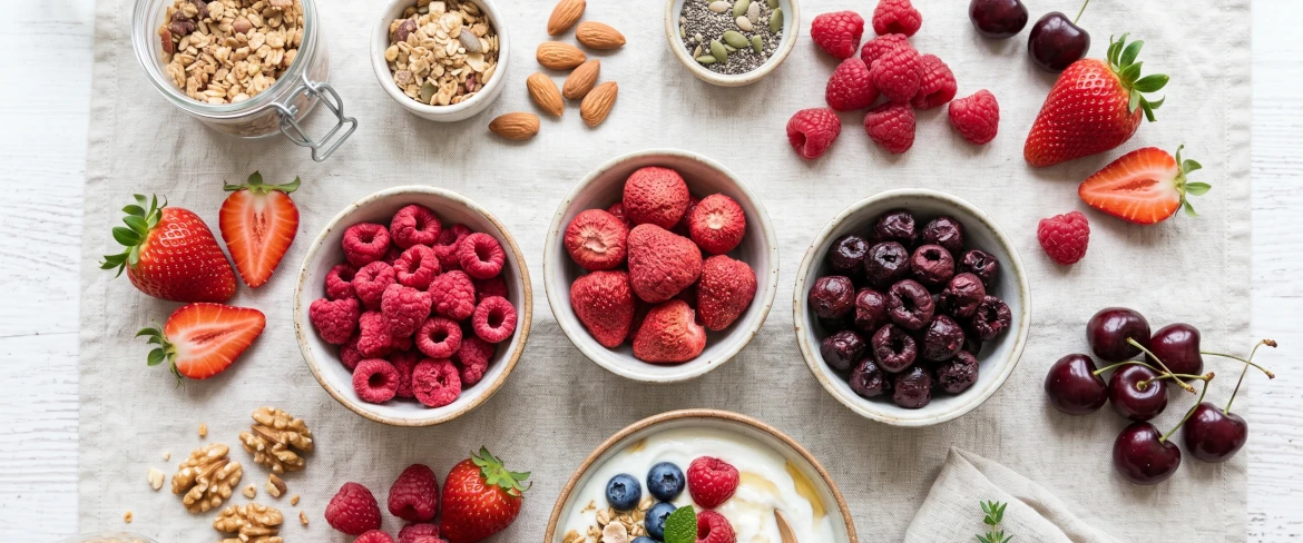 Fruits lyophilisés en coupelles – fraises lyophilisées, framboises lyophilisées et cerises lyophilisées